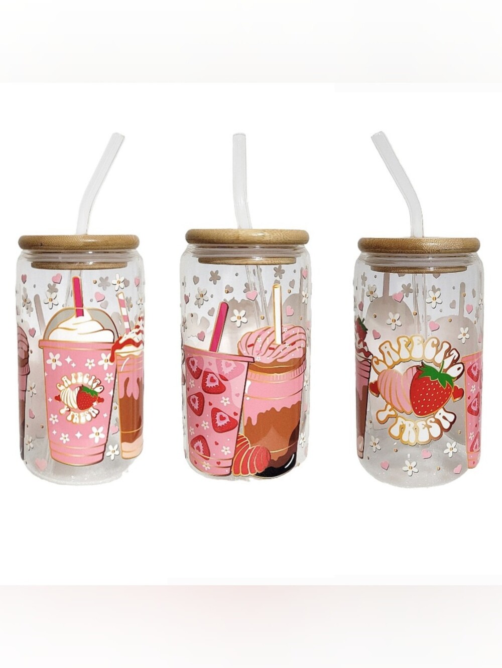 Cafecito Y Fresa Glass Tumbler Iced Coffee Cup 16oz Pink Design